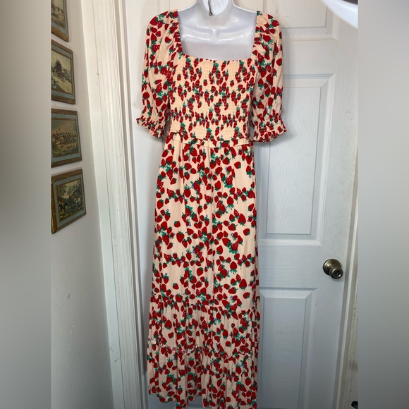 Betsey Johnson Strawberry Fields Print Challis Pink Pearl Blush Lined Midi Dress - Picture 6 of 8